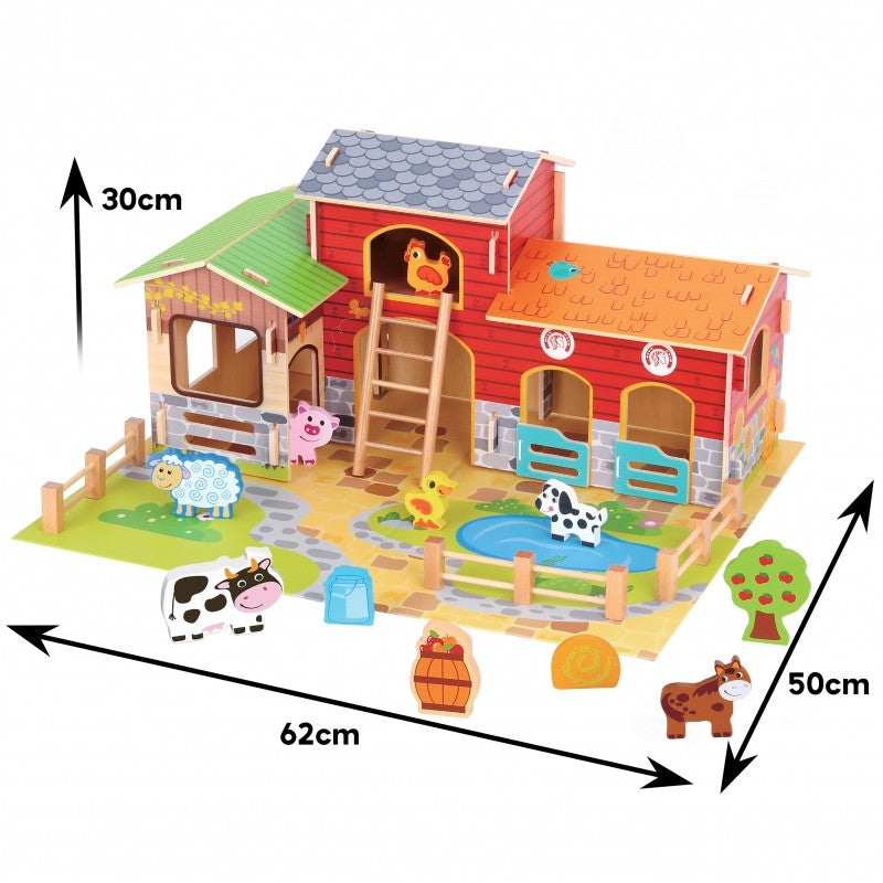 Wooden farm set dimensions showing 62cm length, 50cm depth, 30cm height with all 18 pieces displayed