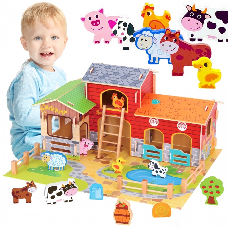 Smiling toddler with colorful wooden farm animals including cow, pig, horse, and duck figurines