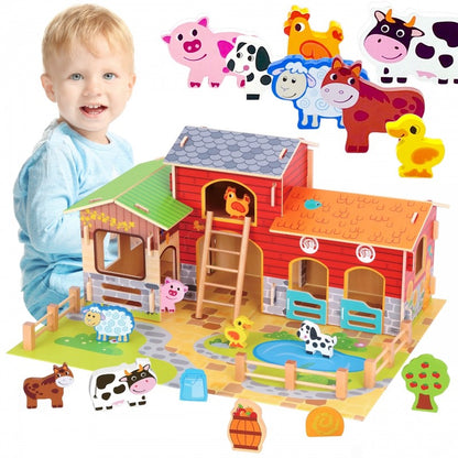 Smiling toddler with colorful wooden farm animals including cow, pig, horse, and duck figurines