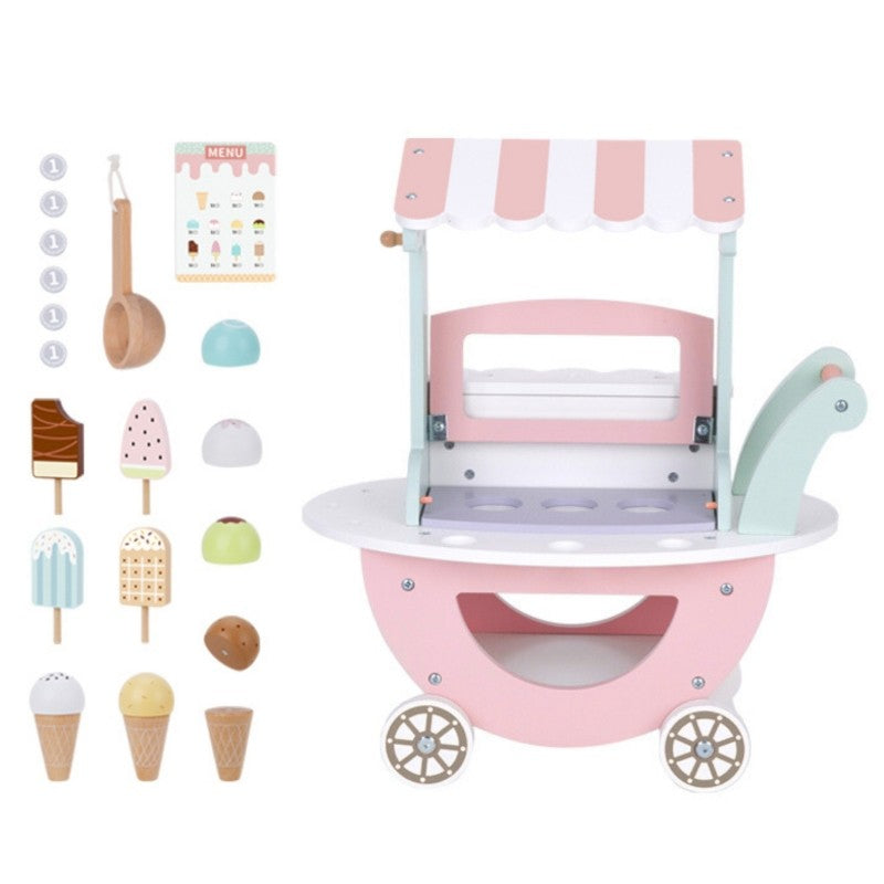 Complete set contents including wooden cart, 15 ice cream scoops, scoop, menu, and coins