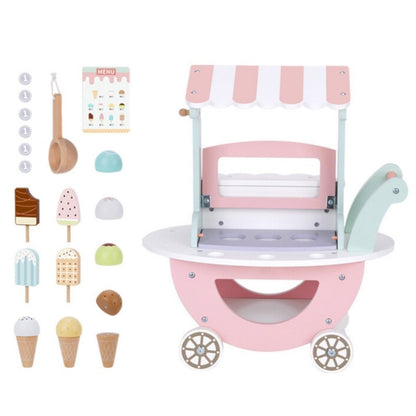 Complete set contents including wooden cart, 15 ice cream scoops, scoop, menu, and coins