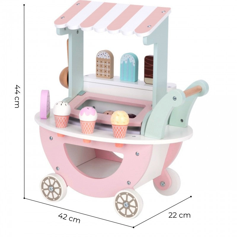 Wooden ice cream cart showing dimensions 47cm height, 42cm width, and 22cm depth