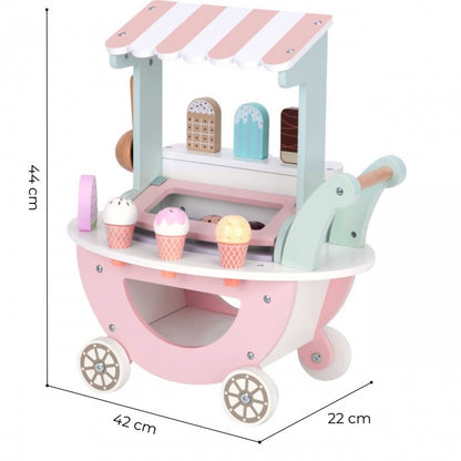 Wooden ice cream cart showing dimensions 47cm height, 42cm width, and 22cm depth