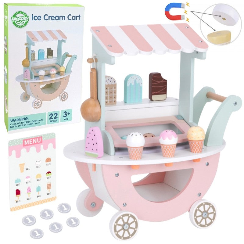 Woopie Ice Cream Cart set with packaging, accessories, and magnetic pieces displayed