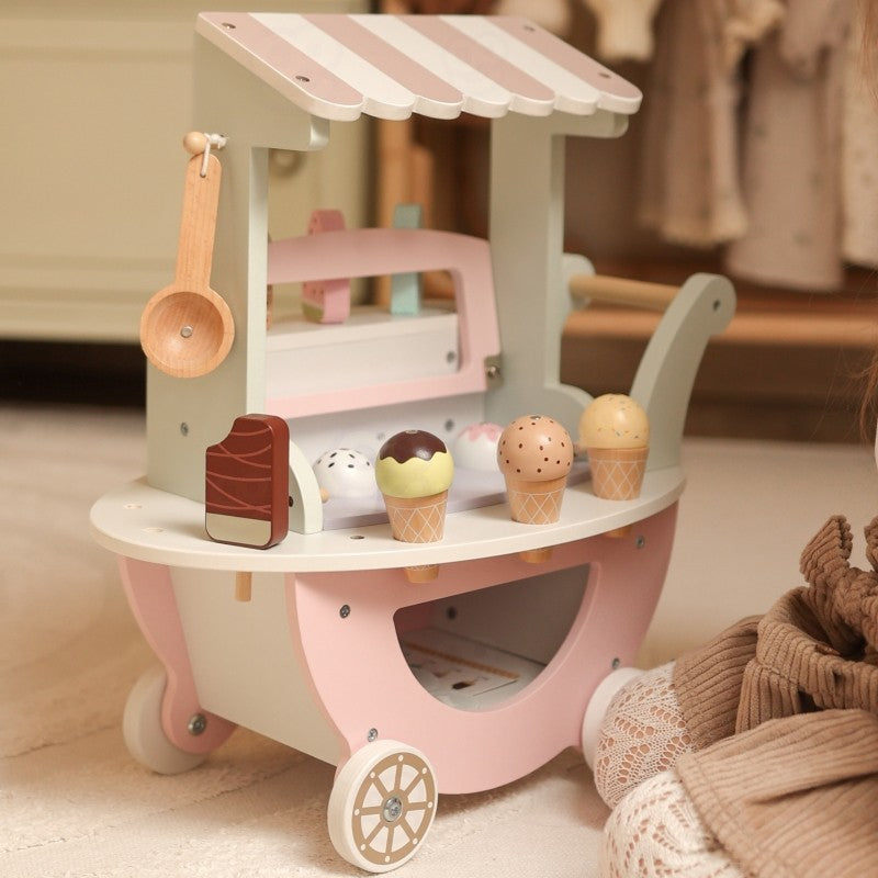 Wooden pastel ice cream cart with canopy awning and multiple play accessories