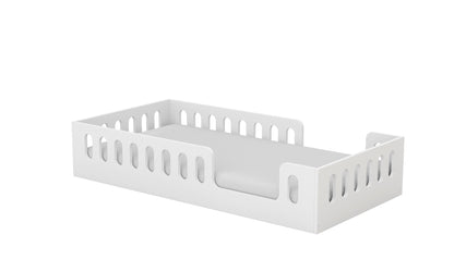 White low-profile Montessori bed frame with safety rails and slot design