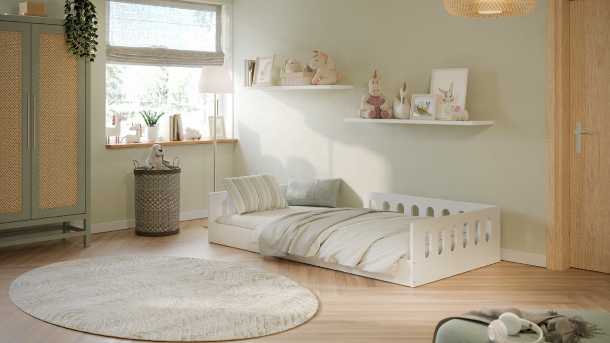 Timon Montessori floor bed with neutral bedding in contemporary nursery
