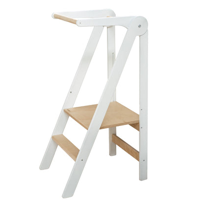 White and natural wood foldable kitchen tower in angled front view with adjustable platform and railings