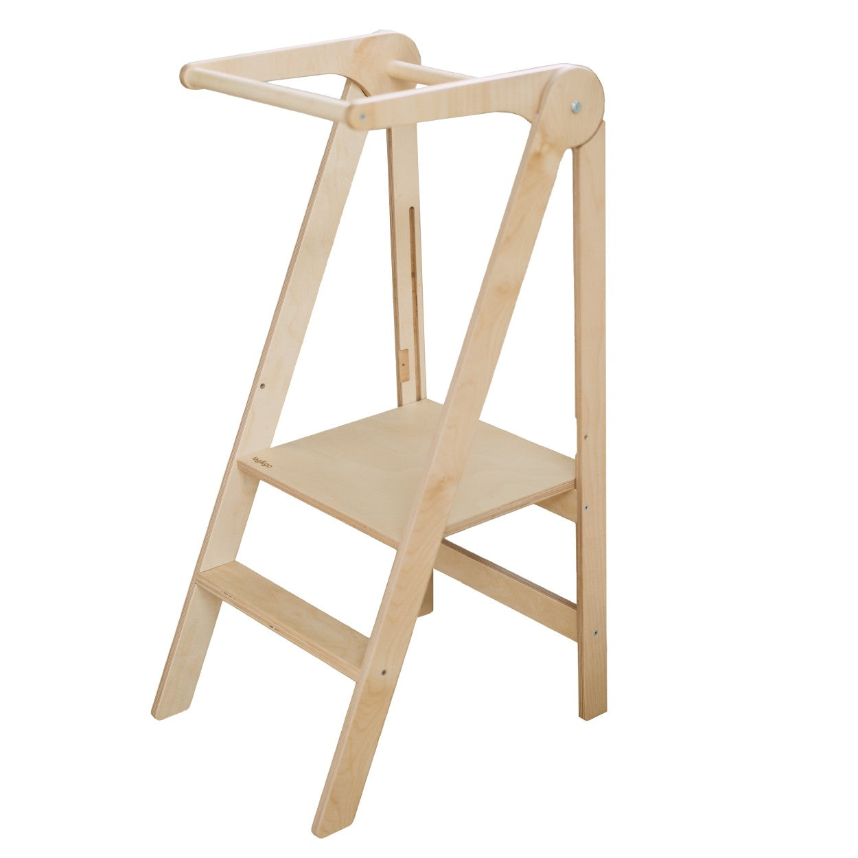 Natural wood kitchen tower fully extended with two wooden steps and removable safety rails