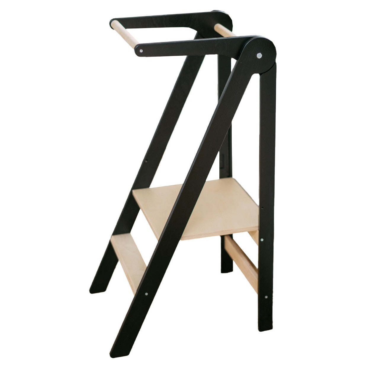 Natural wood kitchen tower leaning against white kitchen base cabinet showing lightweight foldable construction