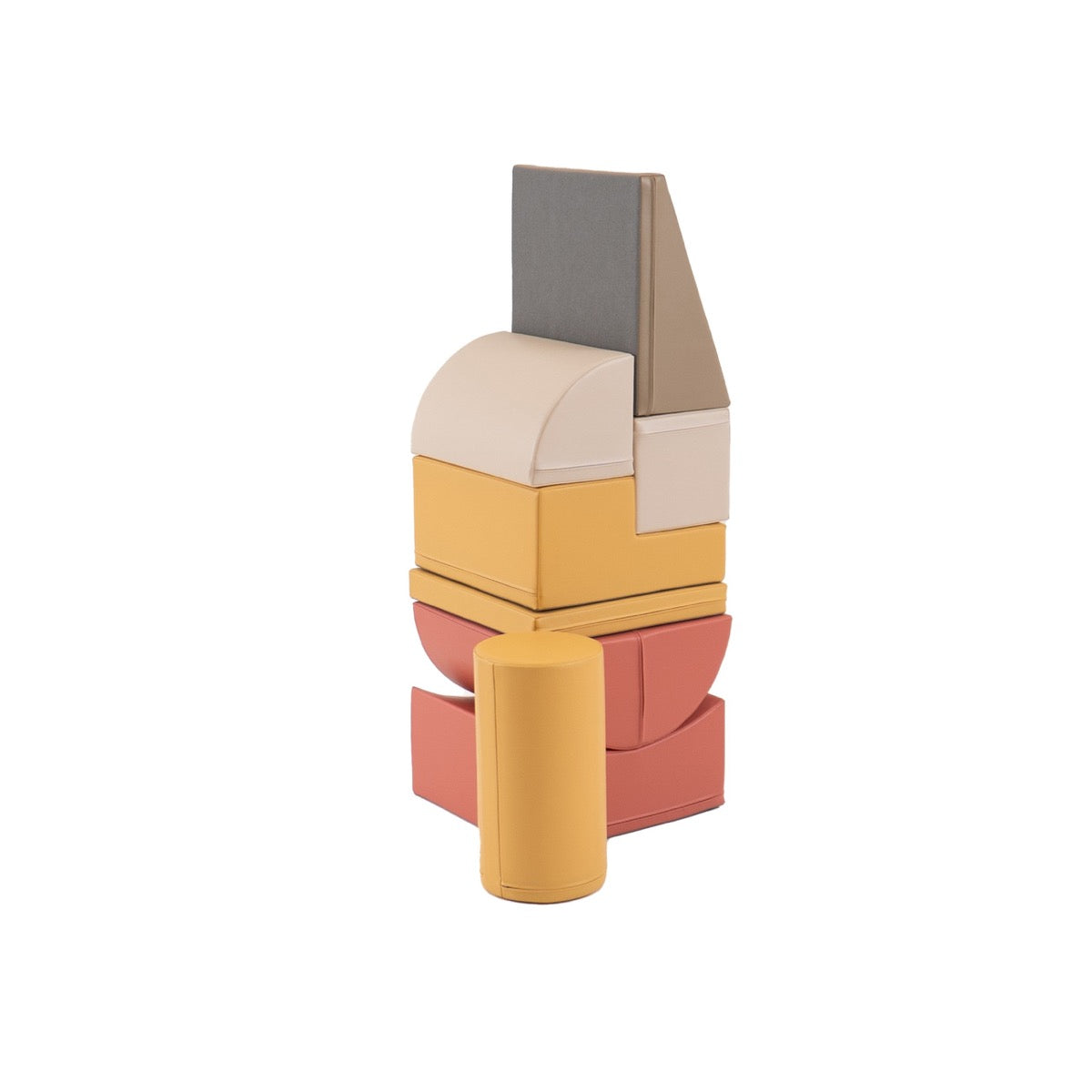 Eight foam blocks stacked vertically demonstrating different shapes and pastel color options