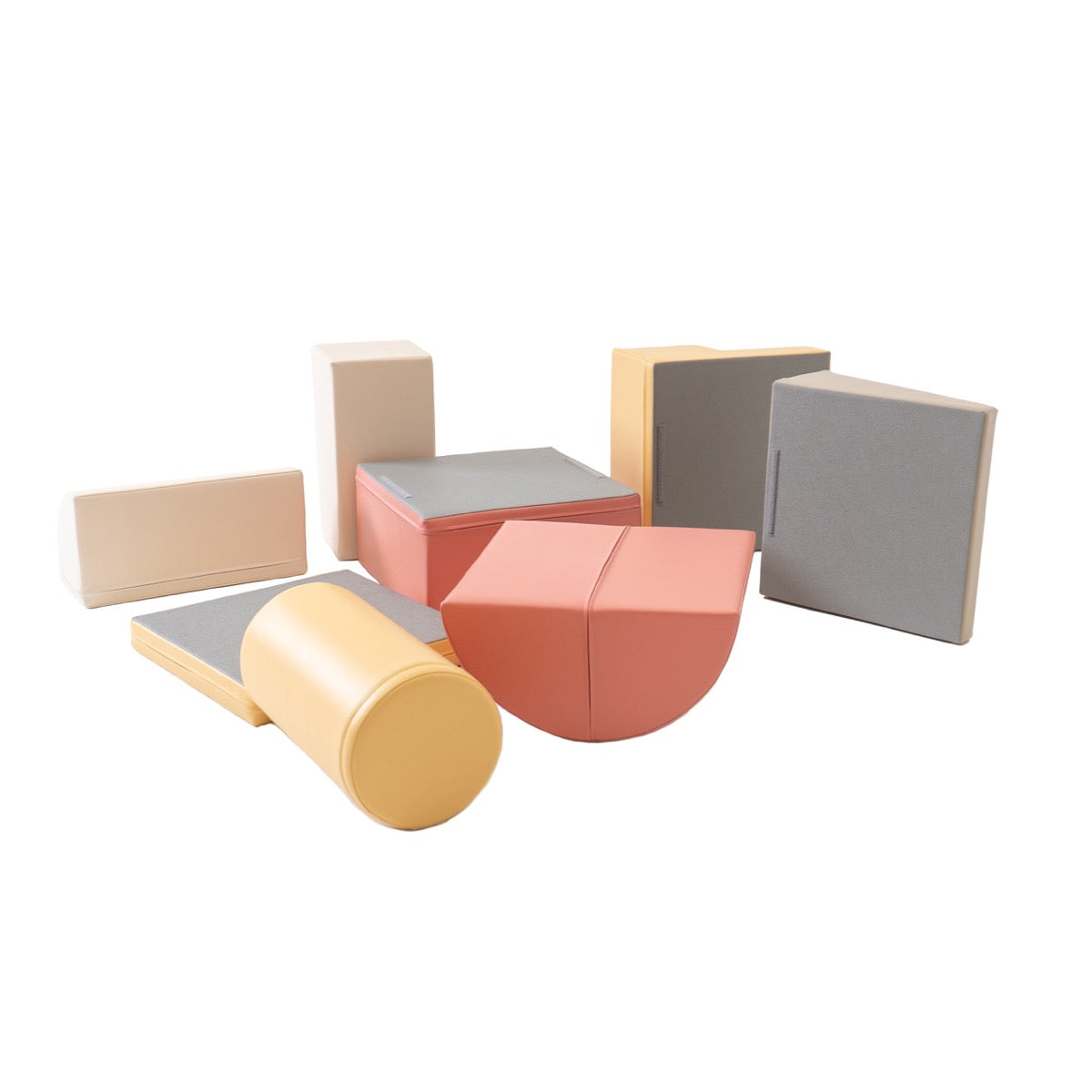 All eight foam pieces displayed separated showing complete pastel play set components