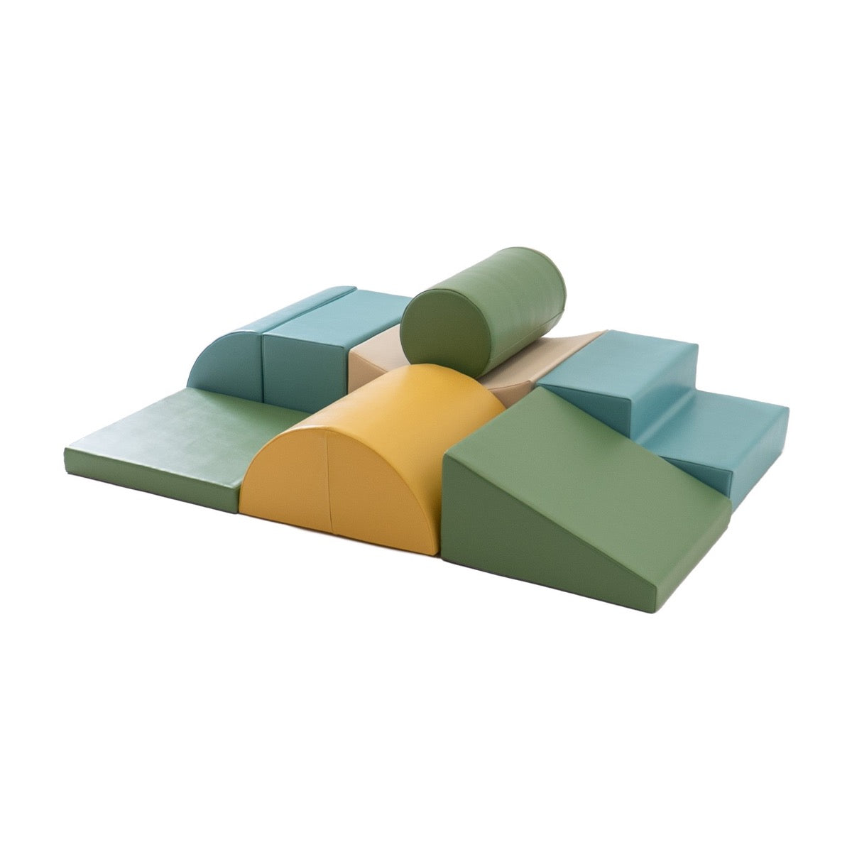 IGLU Soft Play foam blocks arranged in climbing configuration with cylinders and wedges in pastel colors