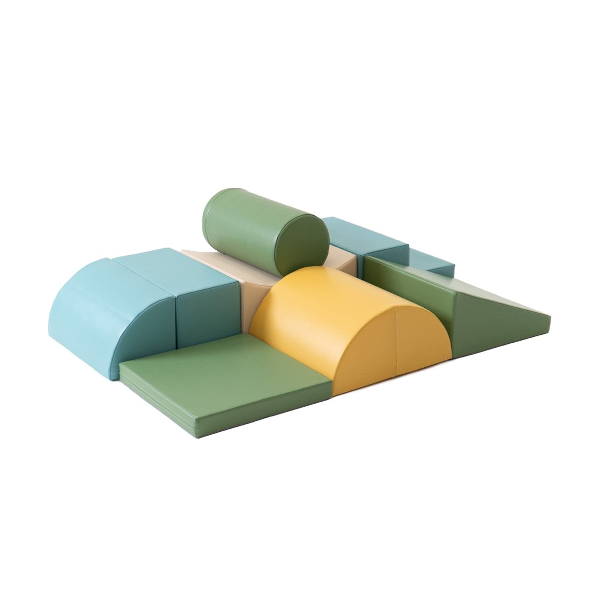 IGLU Soft Play foam block set arranged as platform with cylinders and wedges for active play