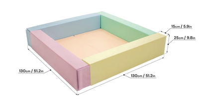 Dimension diagram of 120cm square foam ball pit showing 25cm height and color layout specifications