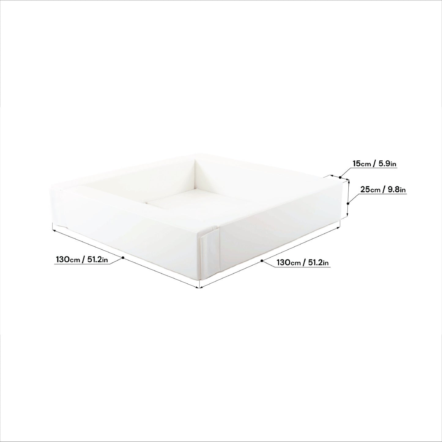 White foam ball pit dimensions showing 130cm width and 25cm height measurements