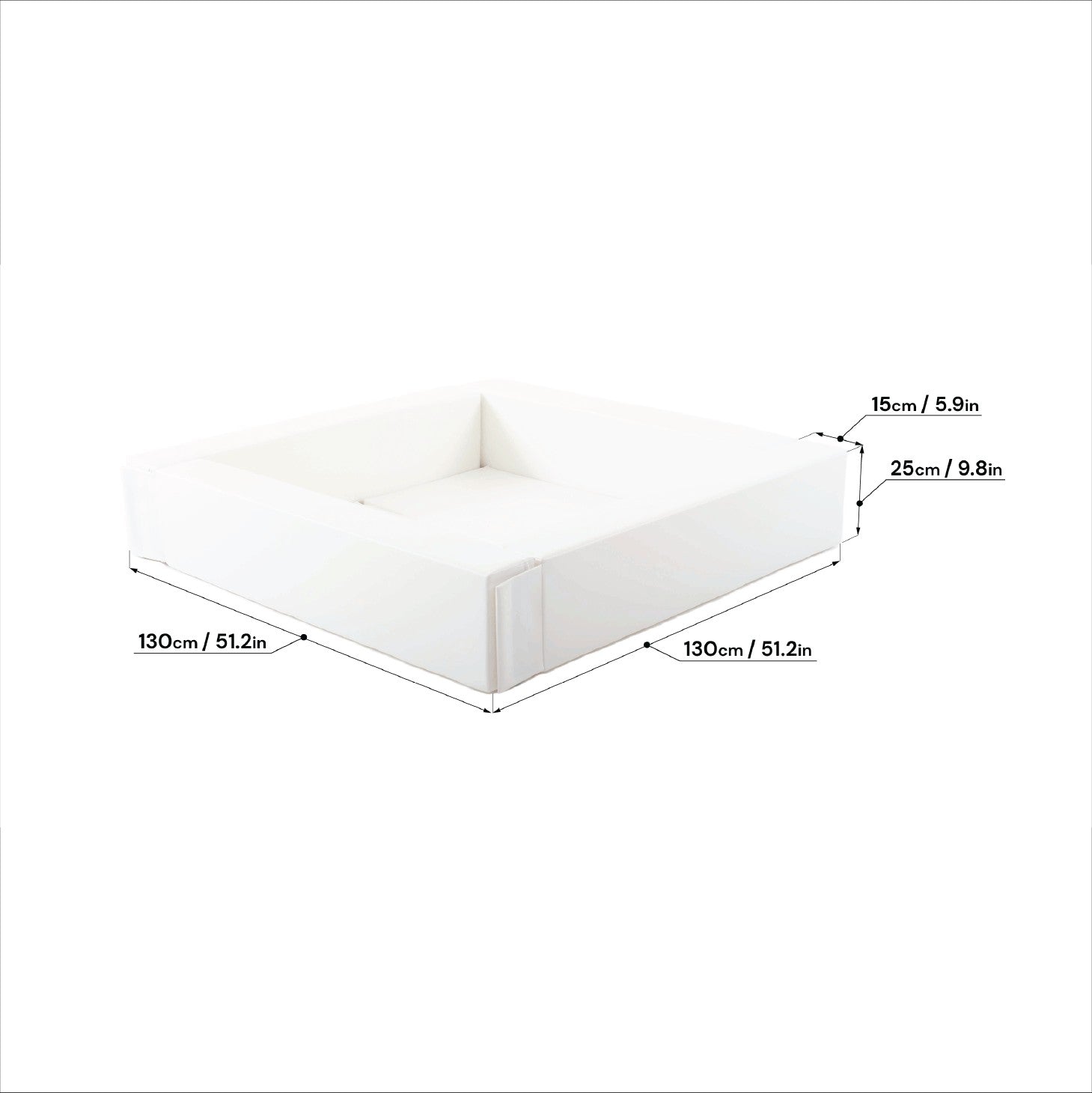 White foam ball pit dimensions showing 130cm width and 25cm height measurements