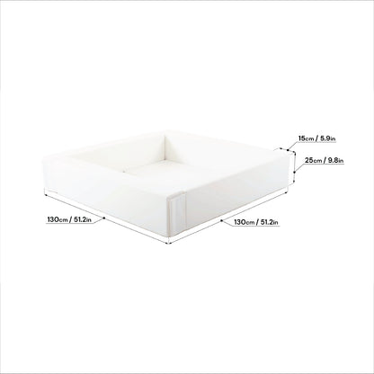 White foam ball pit dimensions showing 130cm width and 25cm height measurements