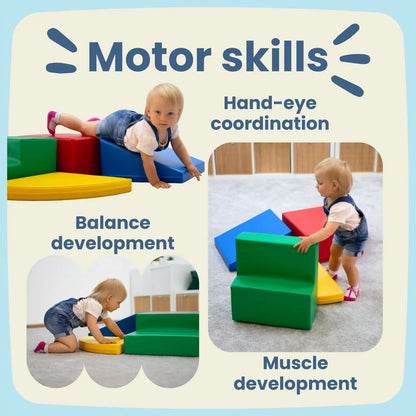 Infographic showing motor skills development with toddlers using foam blocks for hand-eye coordination, balance and muscle