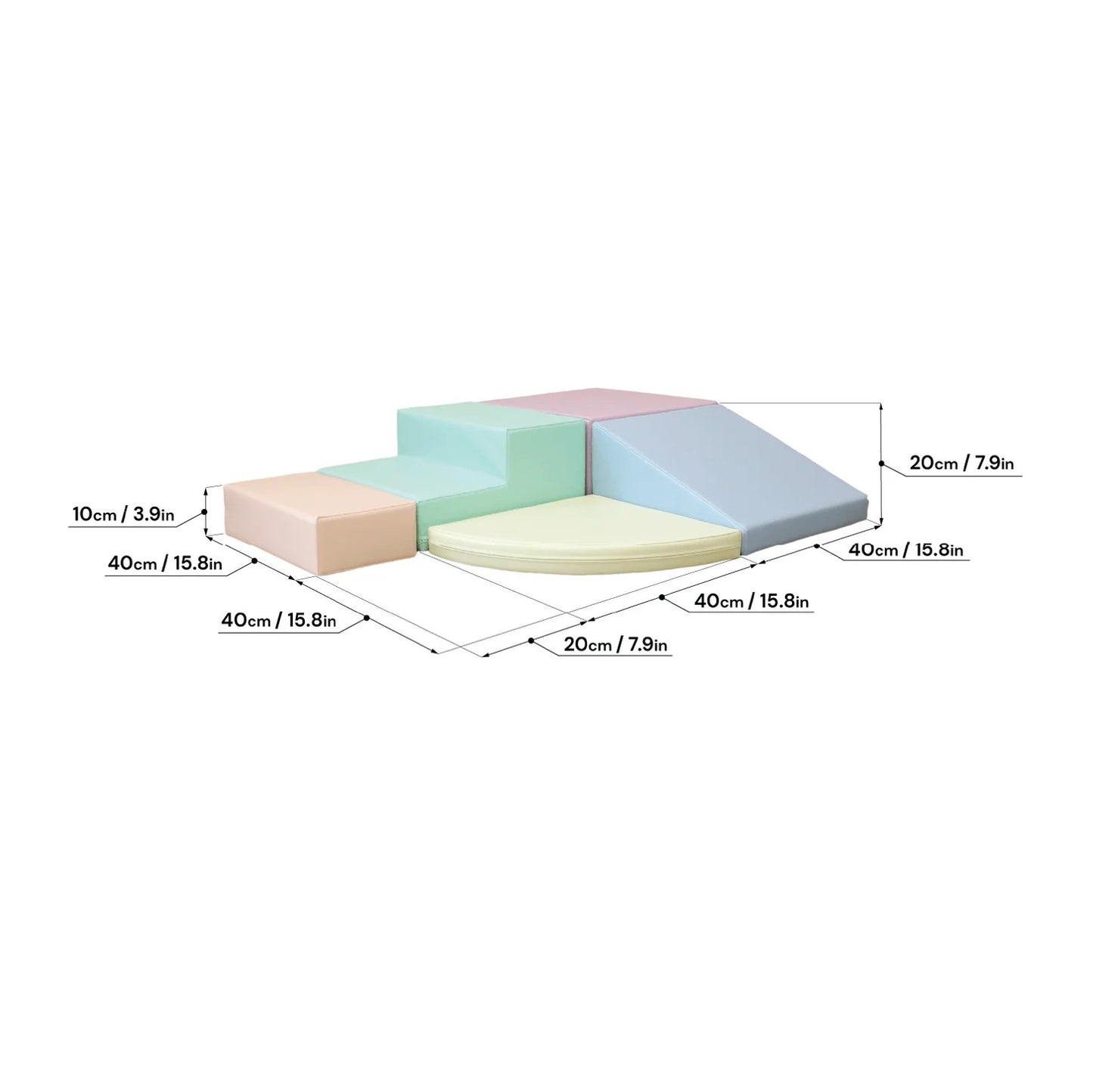 Dimension specifications for pastel foam block corner climber set