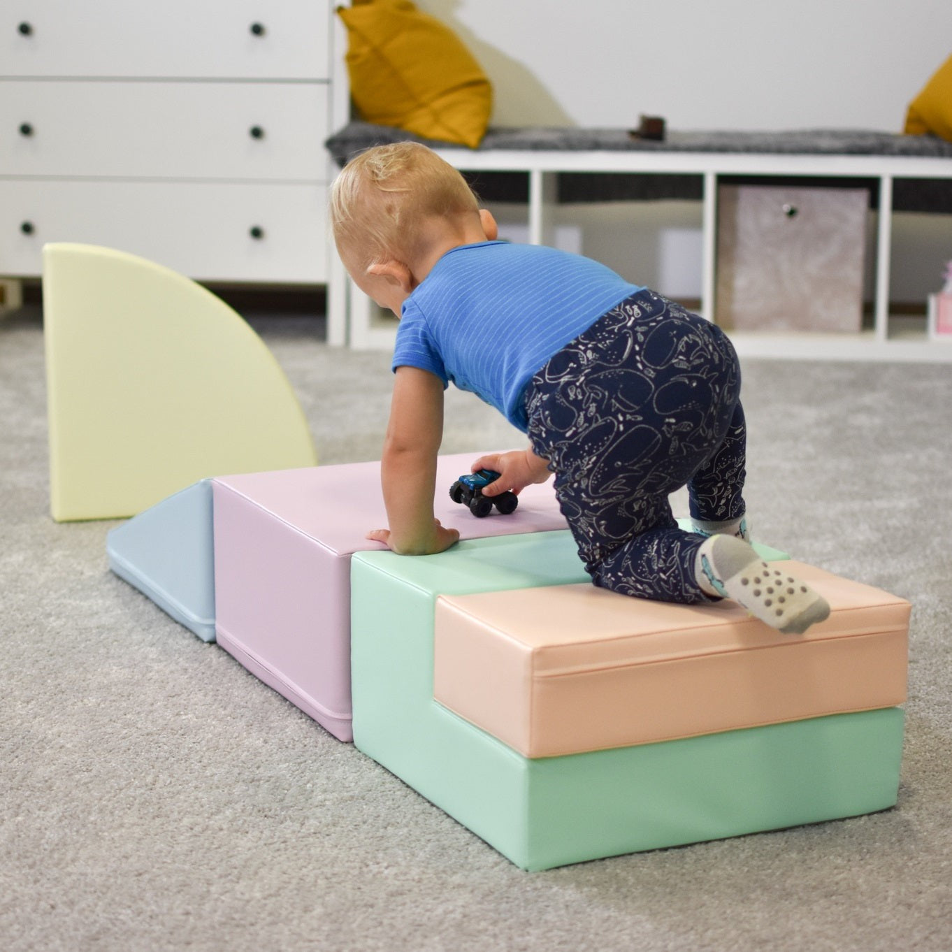 Pastel foam corner climber set with five interlocking colored blocks