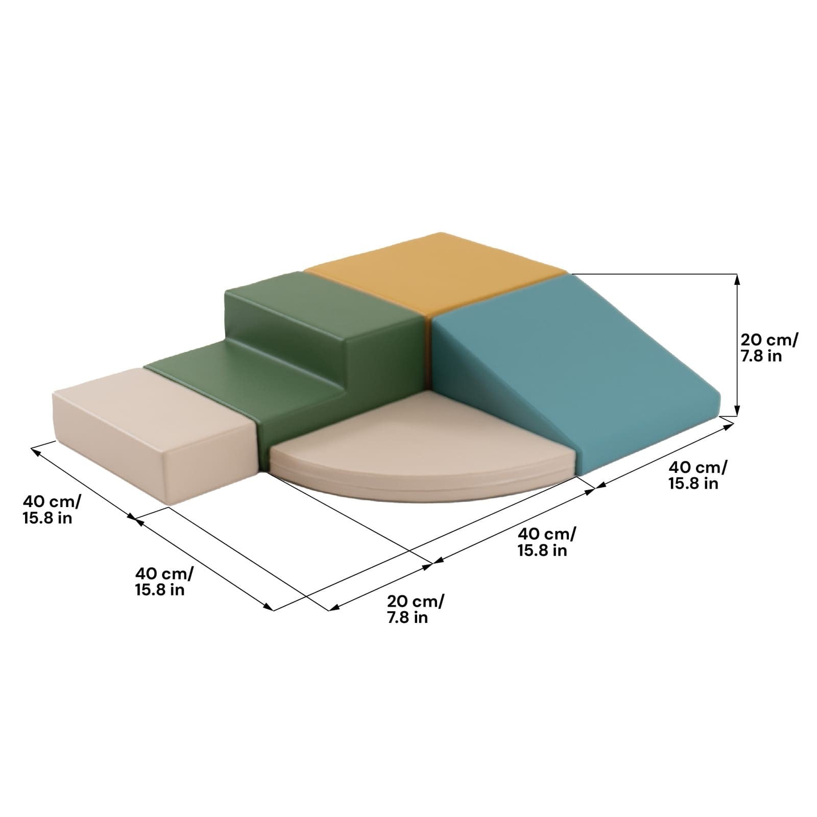 Five foam block set with dimension measurements showing 40cm width and 20cm height for each component