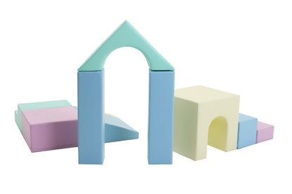 IGLU 10-piece soft foam block set in light pastel colors displayed in various shapes