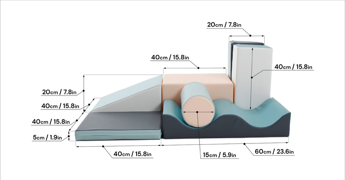 Dimension diagram showing measurements of IGLU Discoverer foam block set
