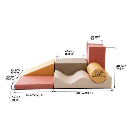 Side view technical diagram of 7-piece foam block set with dimensions labeled in centimeters and inches