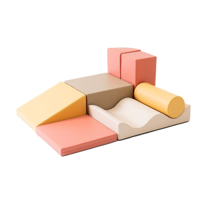 IGLU Discoverer 7-piece foam block playset in pastel pink, beige, gray, cream and yellow from front angle