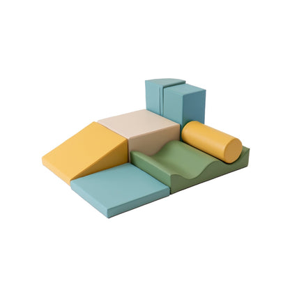 IGLU foam blocks arranged in low climbing configuration with ramp, cylinder, and platform pieces