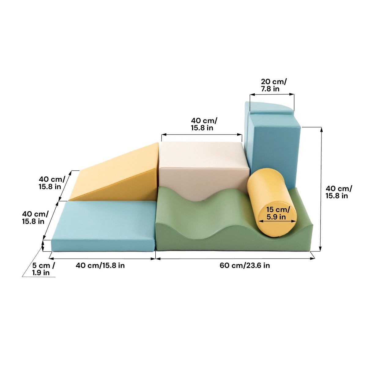 IGLU Discoverer playset dimensions diagram with measurements in centimeters and inches for all foam blocks