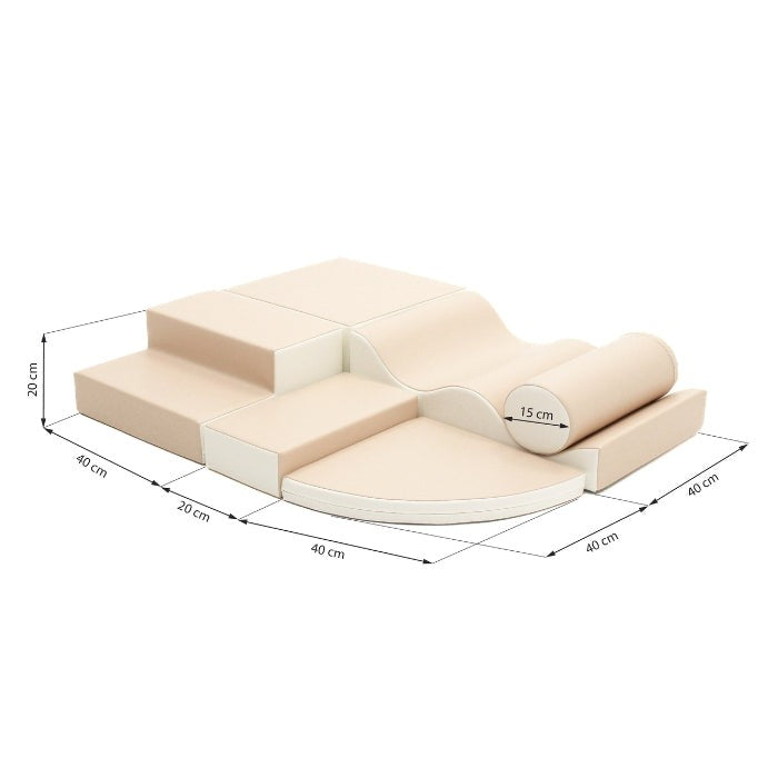 Beige foam block set dimensions showing measurements of ramps, steps, and cylinder roller