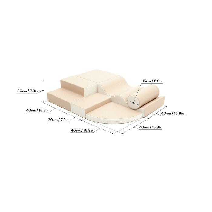 Beige foam block set detailed dimensions in imperial and metric for all six pieces