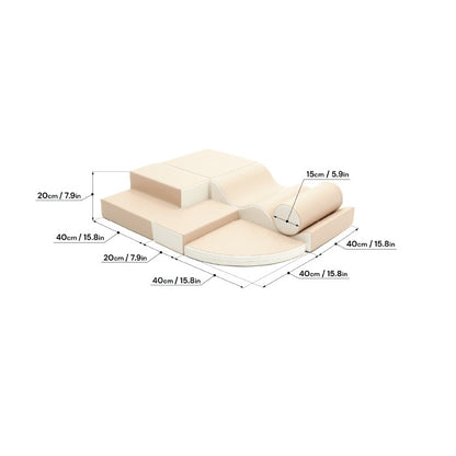 Beige foam block set detailed dimensions in imperial and metric for all six pieces