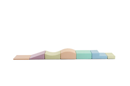 Side profile of stacked light pastel foam blocks with measurement details