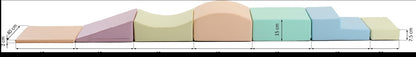 Flat lay view of pastel foam blocks with height and width dimensions marked