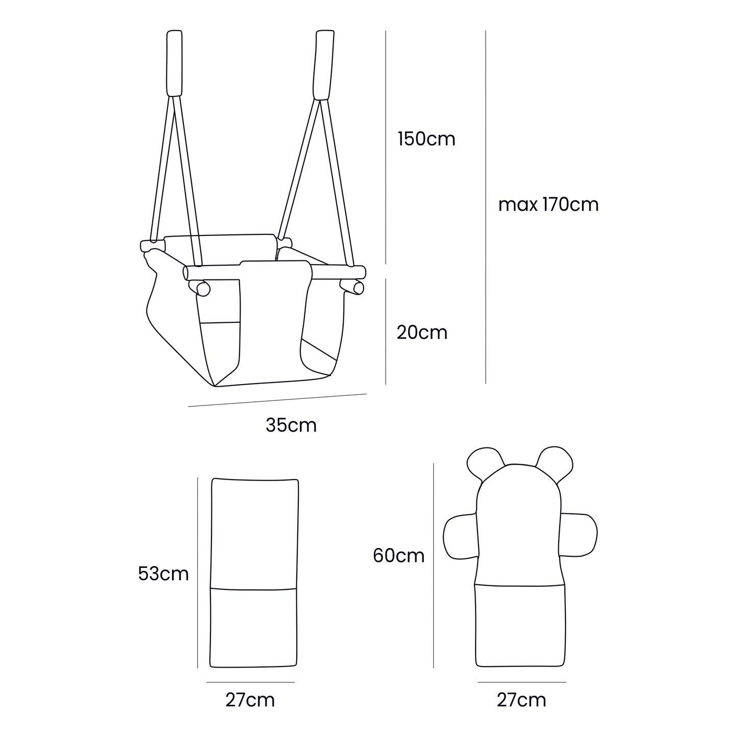 Indoor baby swing dimensions and measurements diagram showing 150cm height, 35cm width, and 20cm seat depth