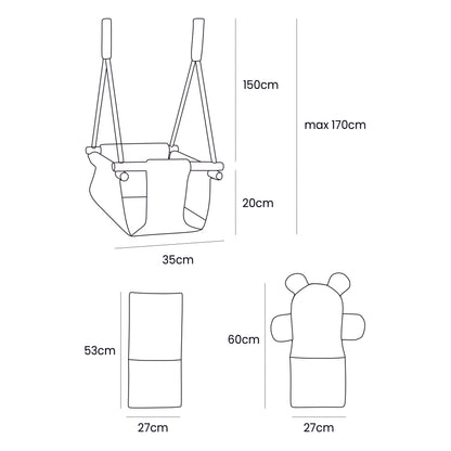 Indoor baby swing dimensions and measurements diagram showing 150cm height, 35cm width, and 20cm seat depth
