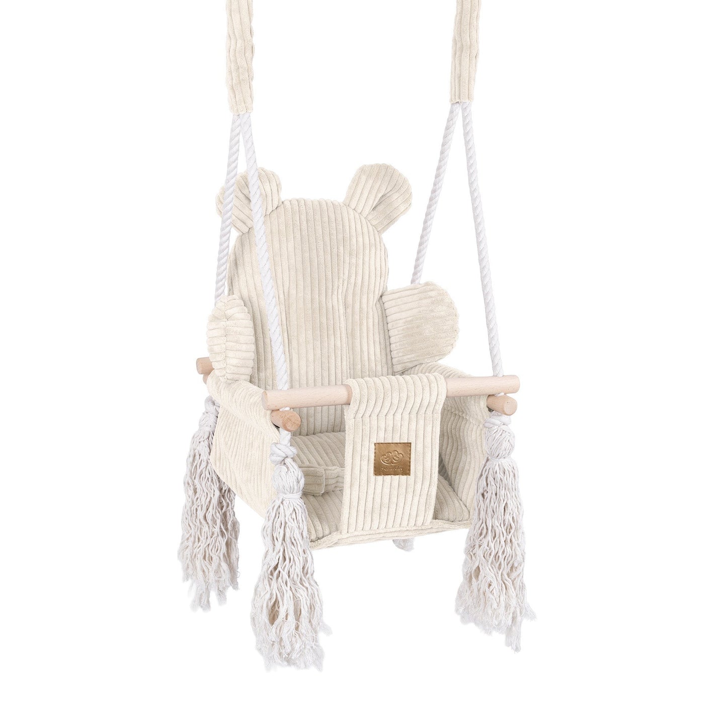 Ecru teddy baby swing angled side view displaying soft cushioning and safety features