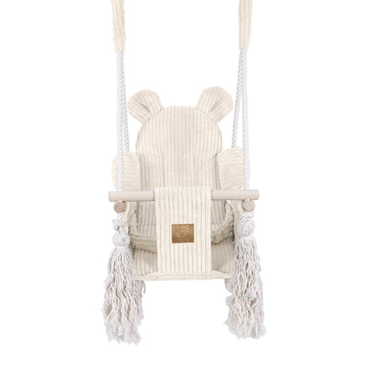 Ecru cotton baby swing front view with teddy ear design, wooden bar, and rope handles