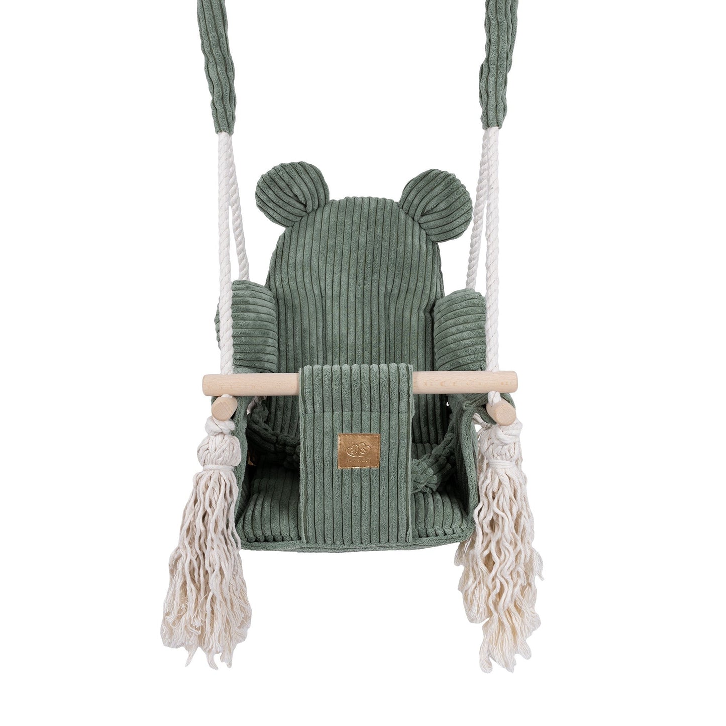 Olive green teddy bear baby swing with rope handles and wooden bar, front view