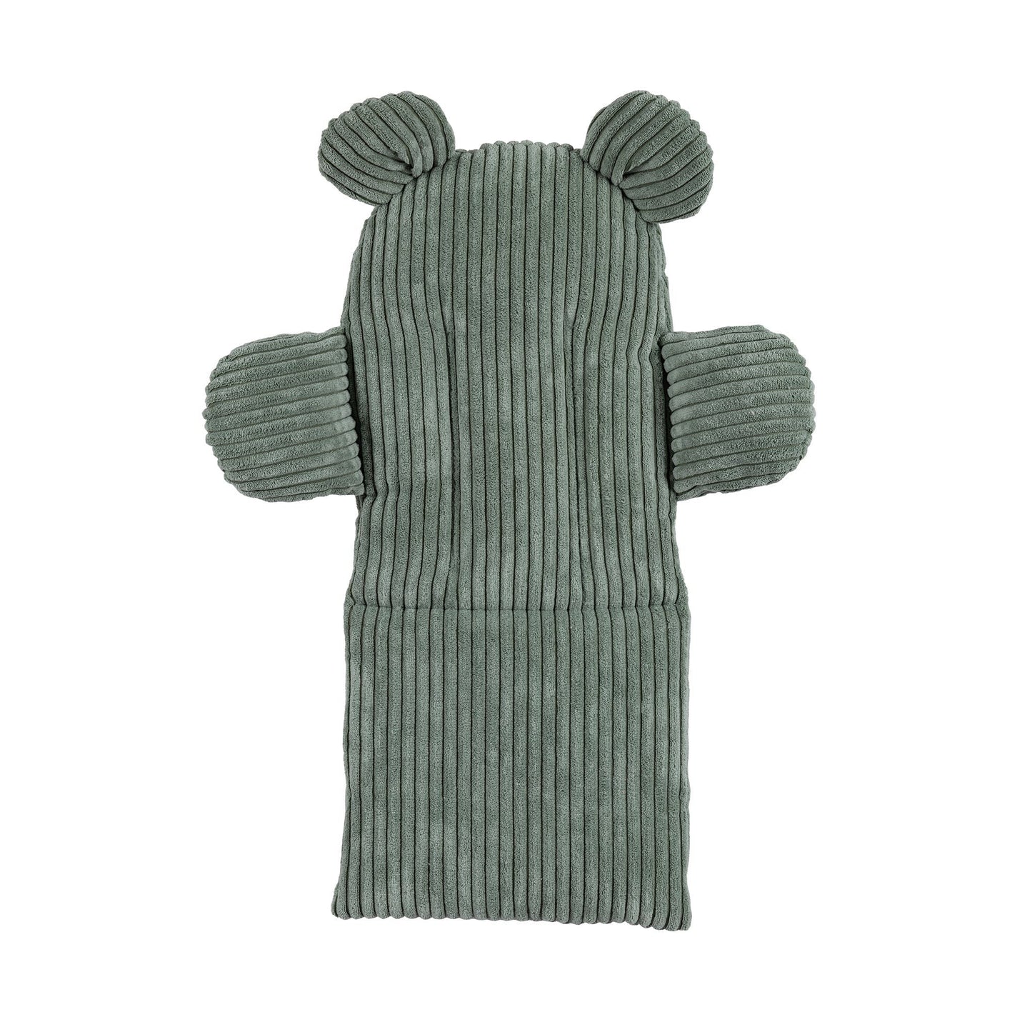 Olive green ribbed cotton swing seat with teddy bear ears and side arms, back view