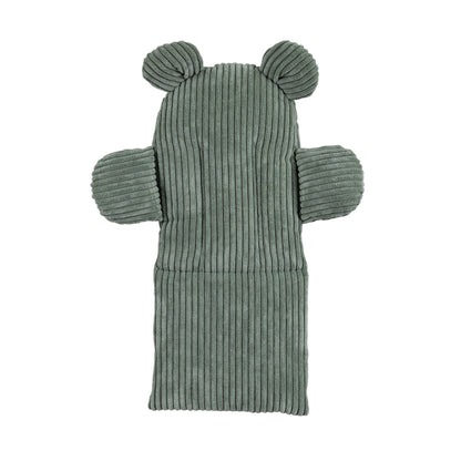 Olive green ribbed cotton swing seat with teddy bear ears and side arms, back view