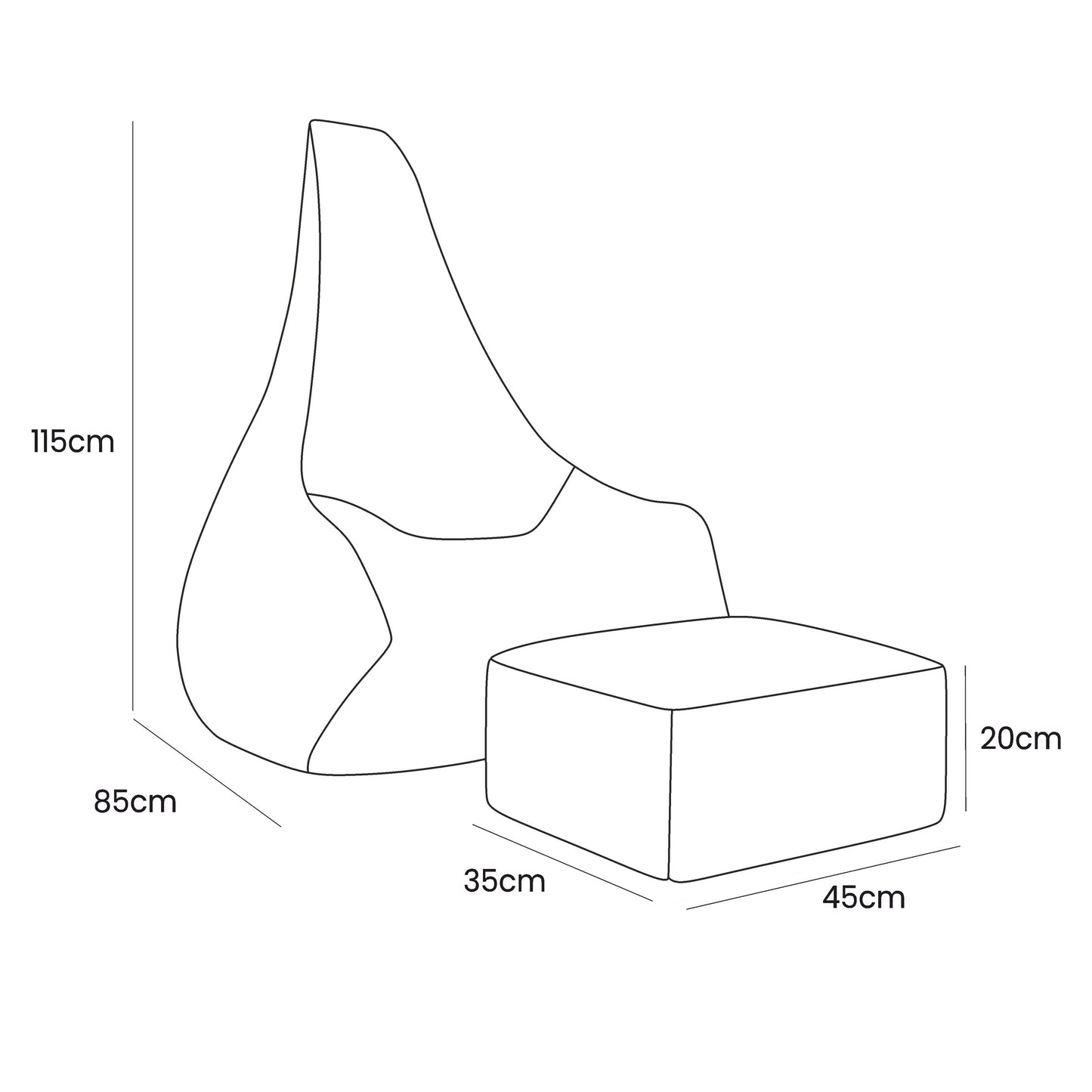 Tearo taupe bean bag and footrest set with dimension measurements showing 115cm height and 85cm width