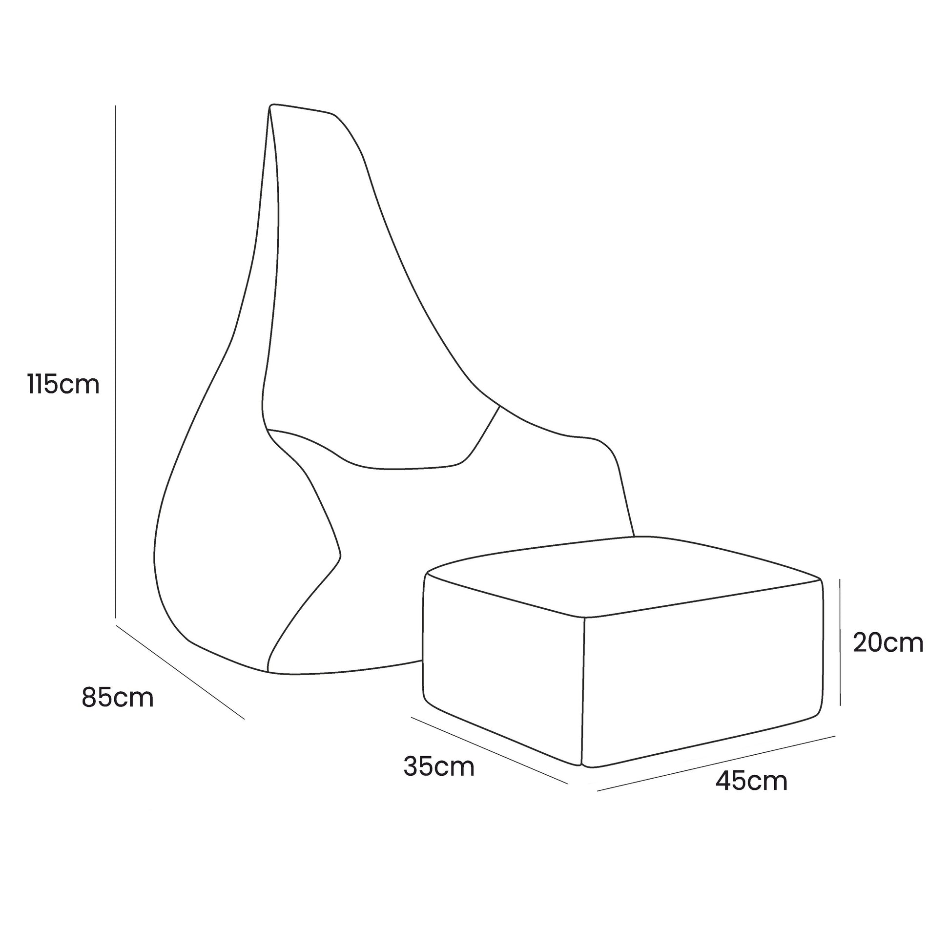 Tearo taupe bean bag and footrest set with dimension measurements showing 115cm height and 85cm width