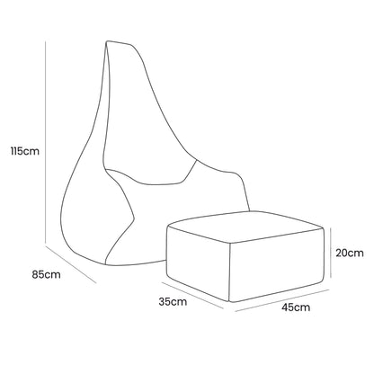 Tearo bean bag and footrest dimensions diagram showing 115cm height, 85cm width, footrest 45cm x 35cm x 20cm