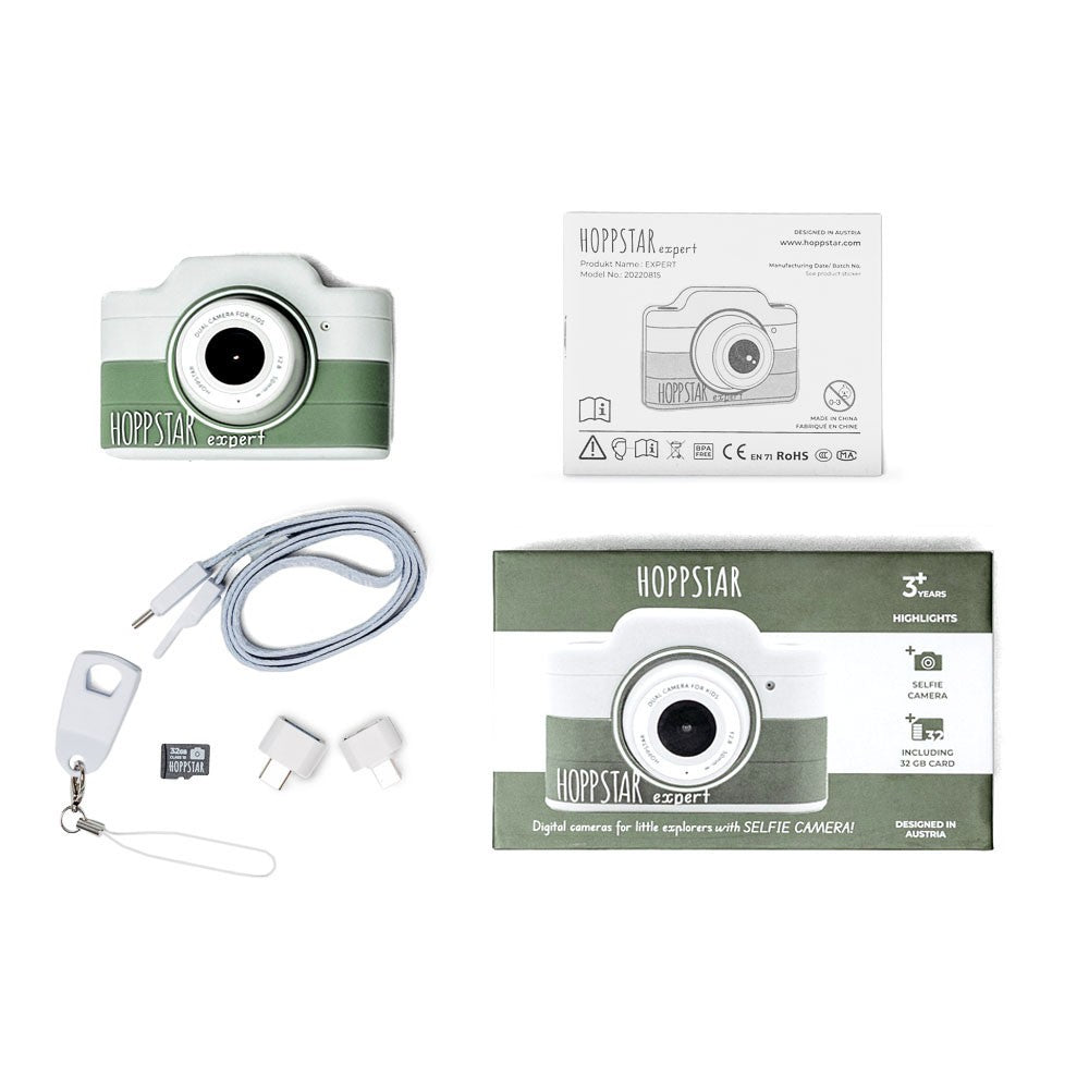 Hoppstar Expert Laurel box contents: camera, lanyard, microSD card, OTG adapters and manual