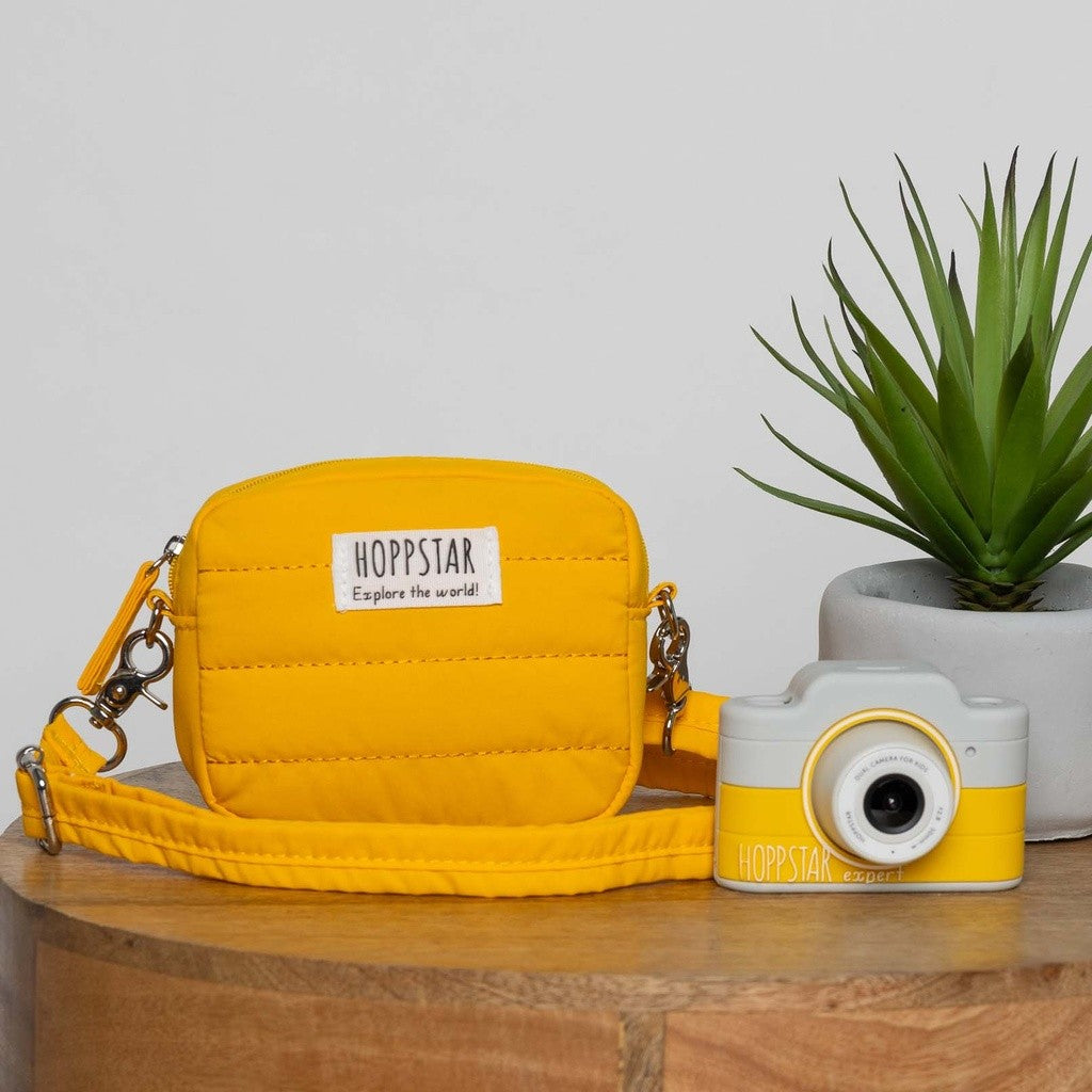 Yellow Hoppstar camera bag next to the Hoppstar Expert Citron kids camera