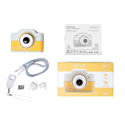 Hoppstar Expert Citron box contents: camera, lanyard, microSD card, OTG adapters and manual